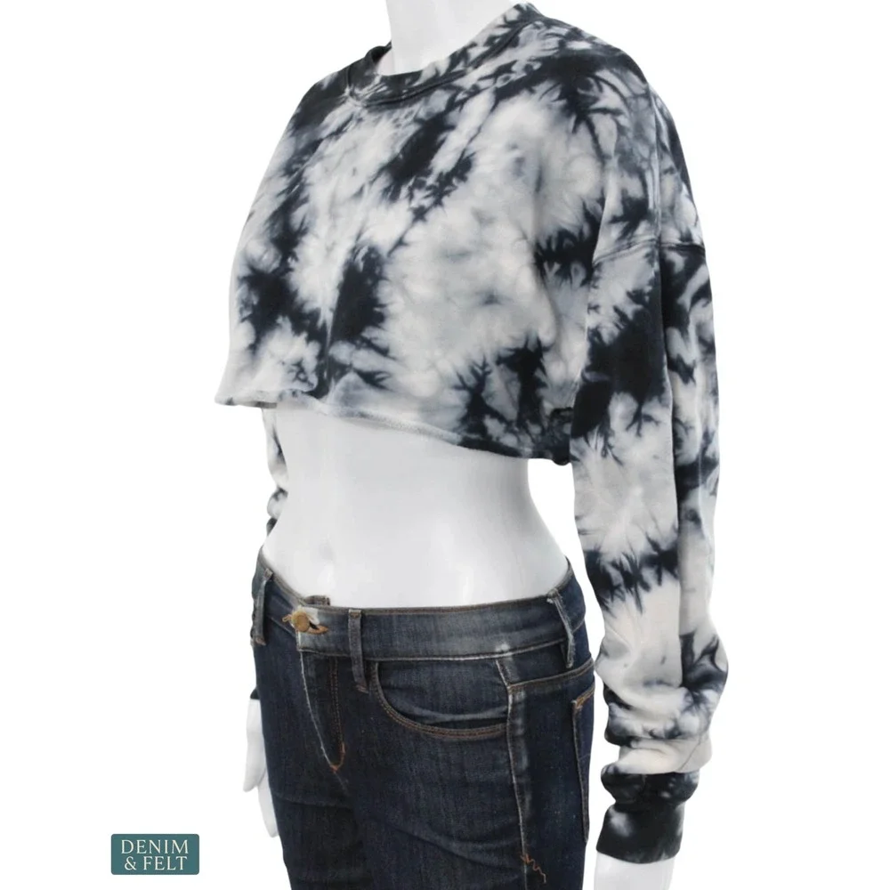 Alo‎ Yoga Tie Dye Extreme Crop Crewneck Sweatshirt Black White Cropped Pullover